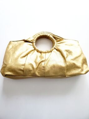 Gold Leather Circle-Handle Clutch Bag